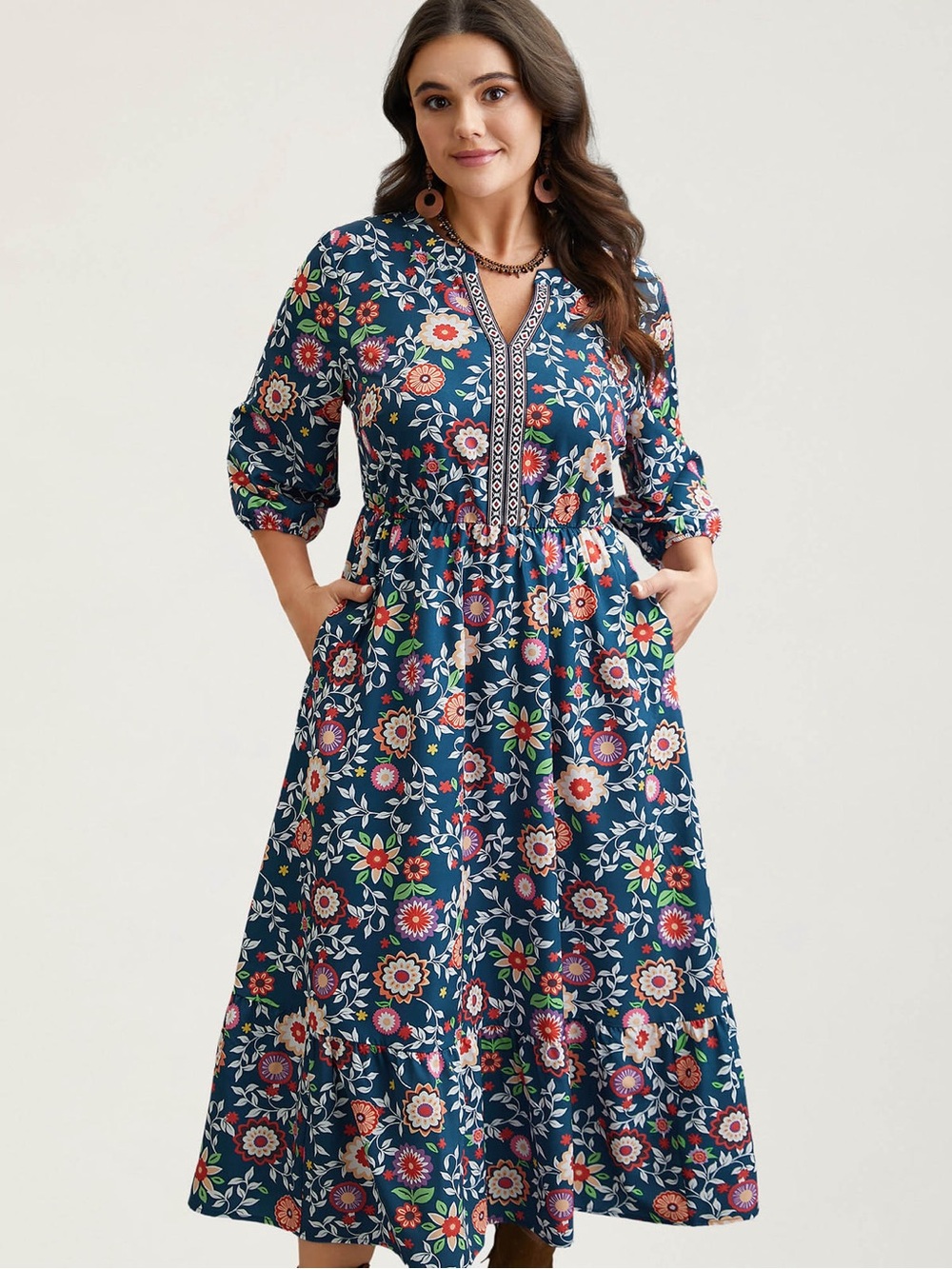 Floral Print Navy Midi Dress